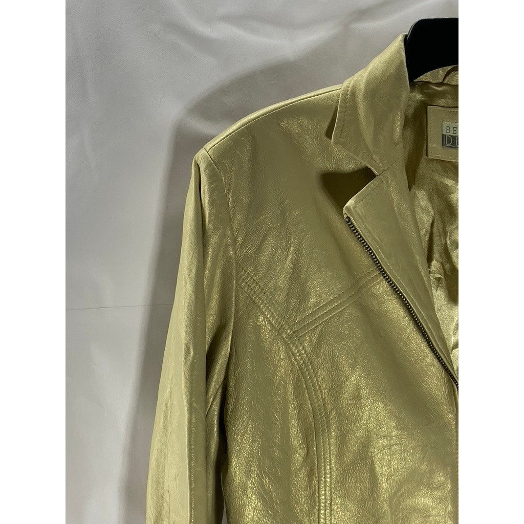 BERNARDO DESIGN Women's Vintage Gold Leather Notch Lapel Zip-Up Jacket SZ L