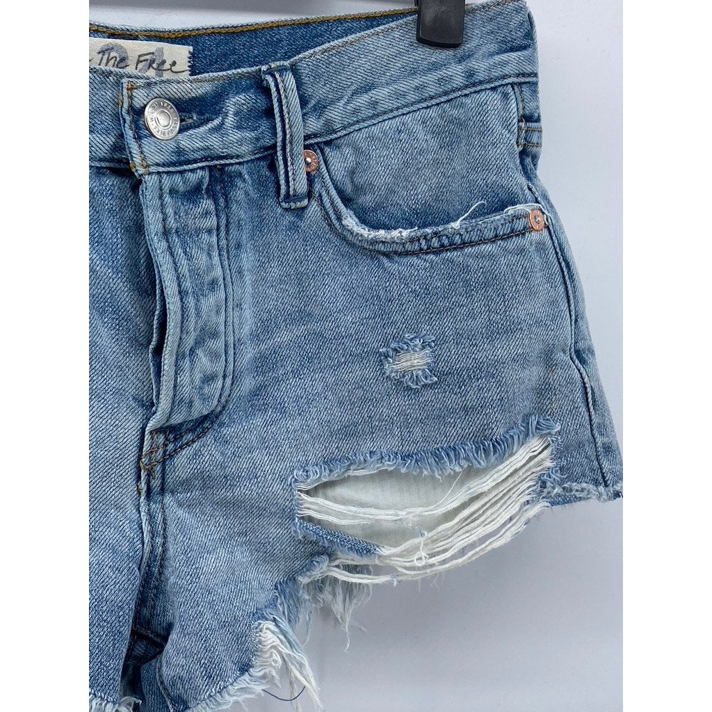 WE THE FREE Women’s Blue Denim Distressed Raw-Hem Short Shorts SZ 24