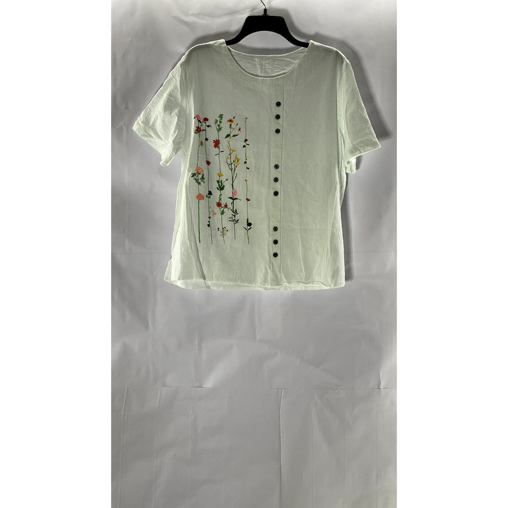 UNBRANDED Women's White Floral Snap-Button Crewneck Short Sleeve Top SZ 3XL