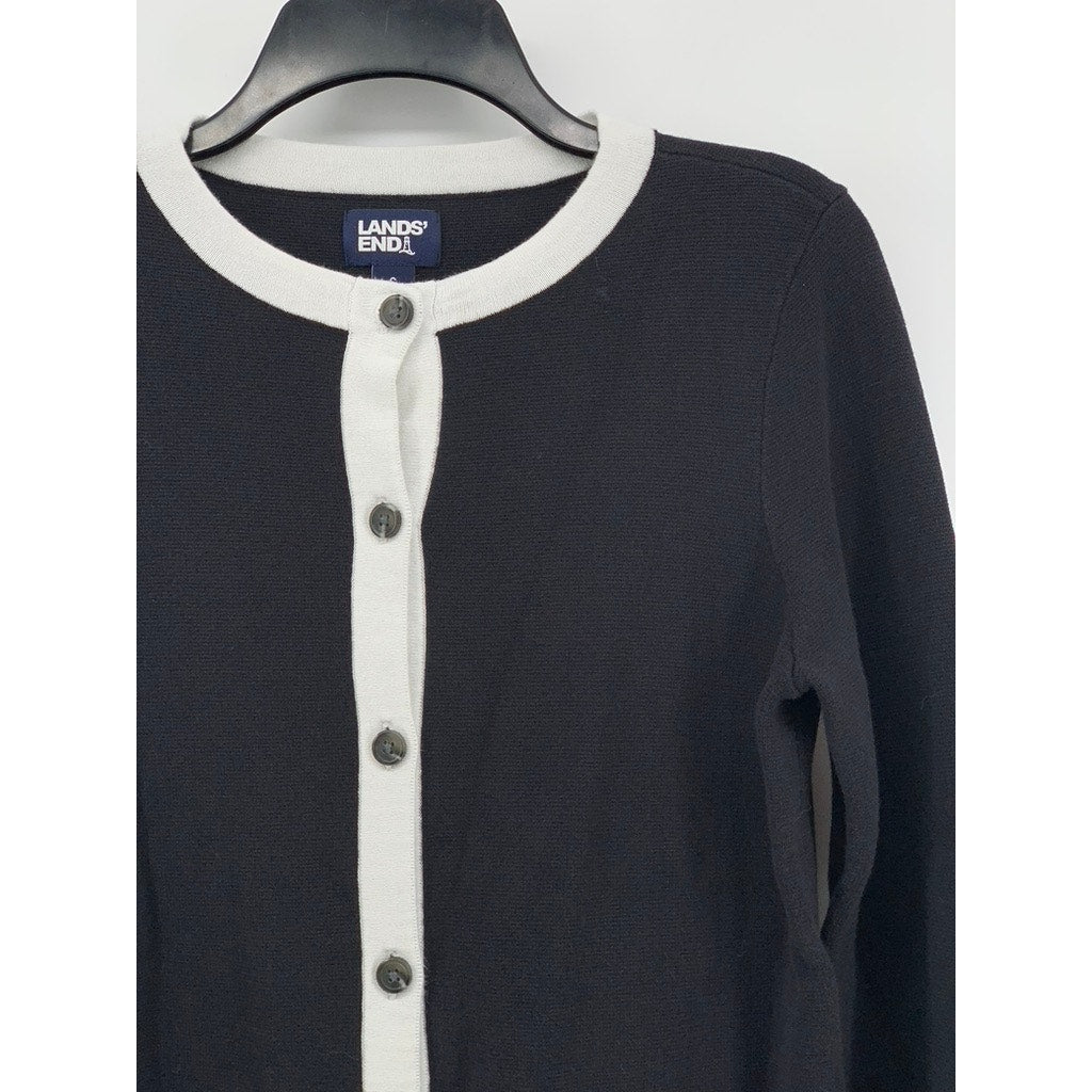 LANDS END Women's Navy-White Trim Button-Up Cardigan SZ S