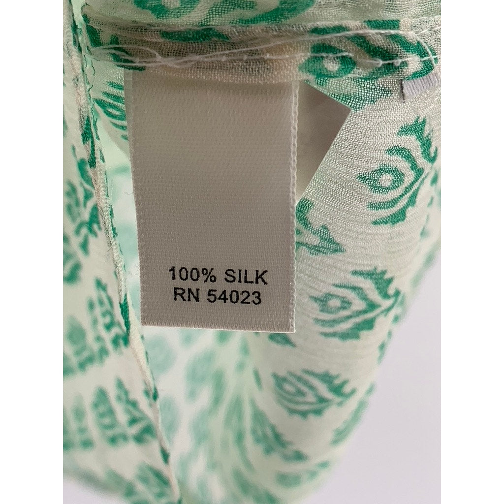 BANANA REPUBLIC Women's White-Green Printed Pintuck Button-Up Silk Top SZ L
