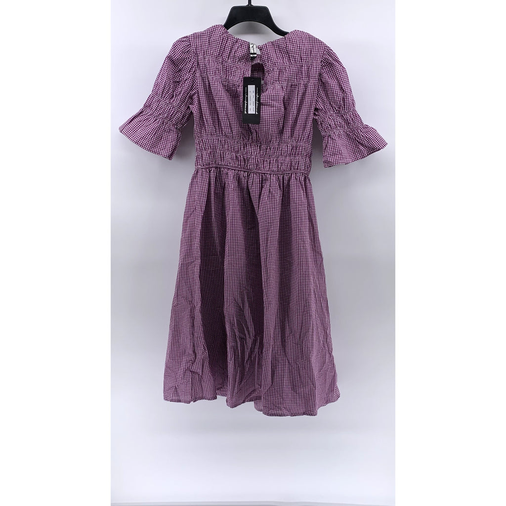 IINFLUENCE Women's Purple-White Mini Check Ruffle Short Sleeve Midi Dress SZ 8