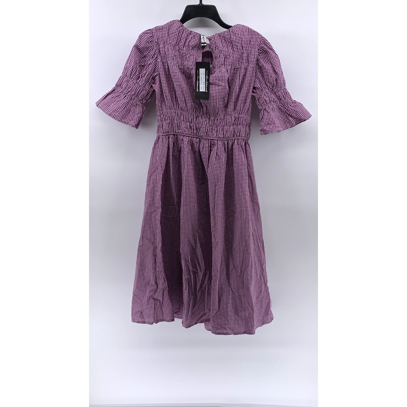 IINFLUENCE Women's Purple-White Mini Check Ruffle Short Sleeve Midi Dress SZ 8