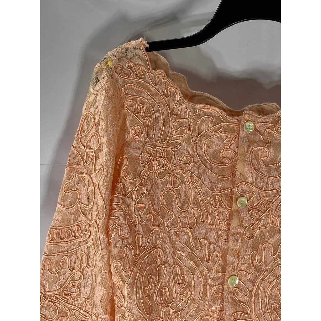 UNBRANDED Women's Pink Embroidered Lace Button-Up Long Sleeve Top SZ S
