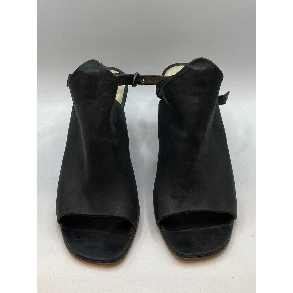 COCLICO Women's Black Leather Square Peep-Toe Heeled Sandals SZ 38.5(US8.5)