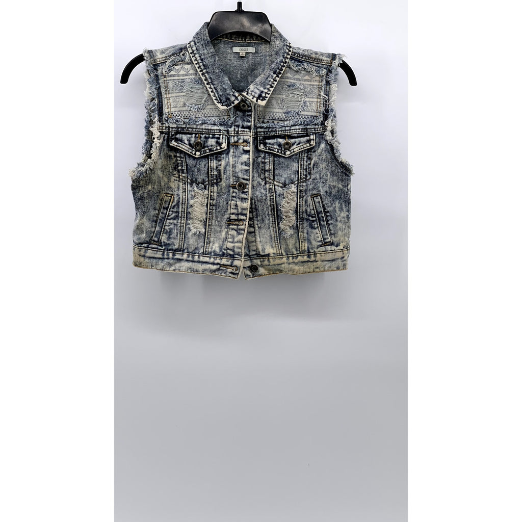 CHIQLE Women's Blue Denim Architect Distressed Button-Up Sleeveless Vest SZ L