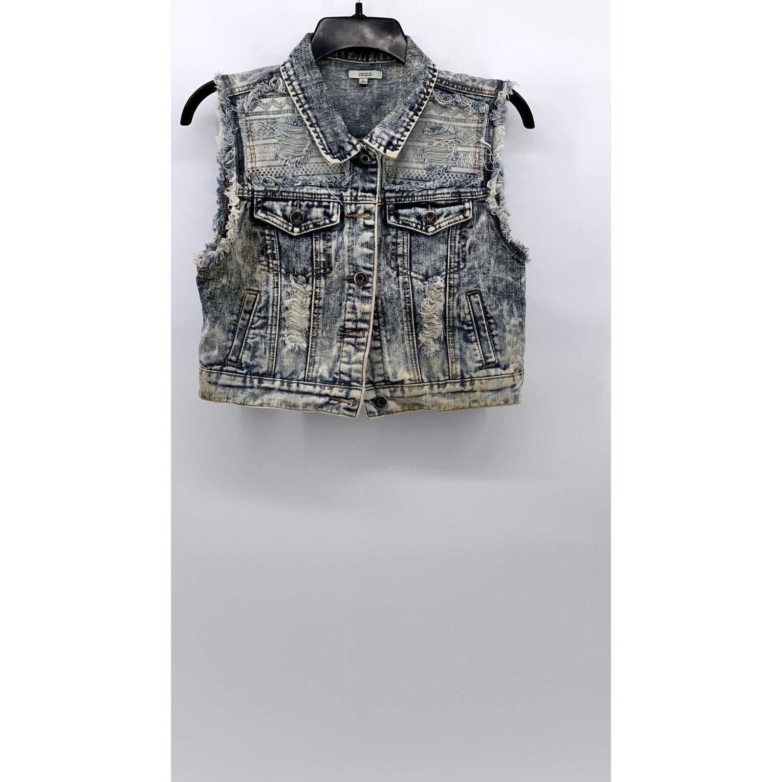 CHIQLE Women's Blue Denim Architect Distressed Button-Up Sleeveless Vest SZ L