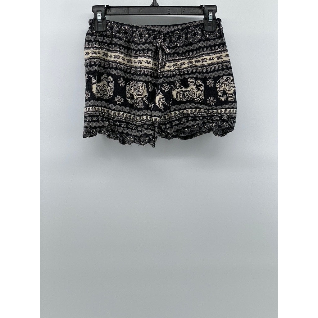 UNBRANDED Women’s Black-Beige Printed Drawstring Relaxed-Fit Shorts SZ S
