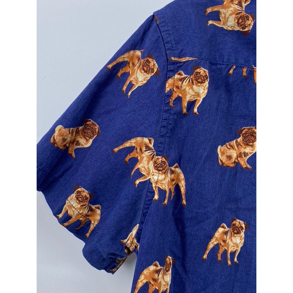 FOREVER 21 Men's Dark Blue-Brown Pug Graphic Button-Up Short Sleeve Shirt SZ L