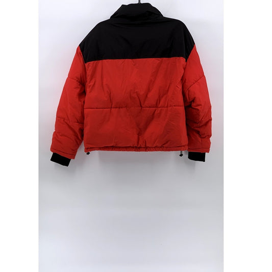 ZARA Women’s Red-Black Colorblock Zip-Up Stand Collar Puffer Jacket SZ M