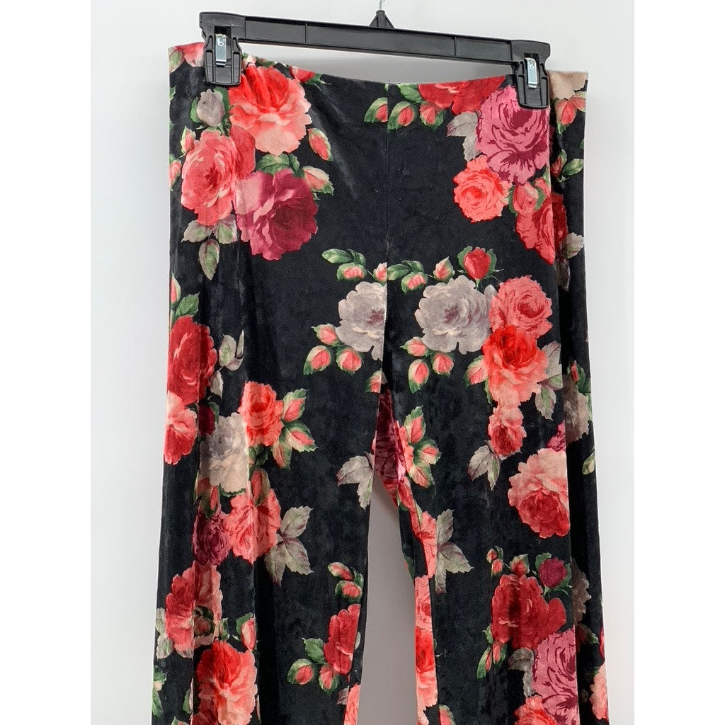 NALLY & MILLIE Women's Black Velour Floral Pull-On Elastic Waist Pants SZ XS