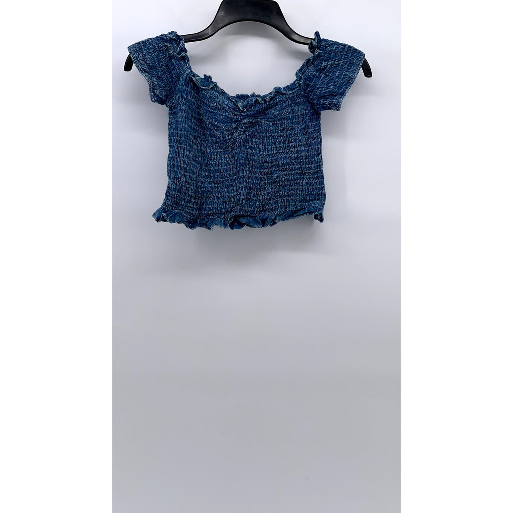 KIWI + PUNCH Women's Blue Denim Smocked Off-The-Shoulder Cropped Top SZ M
