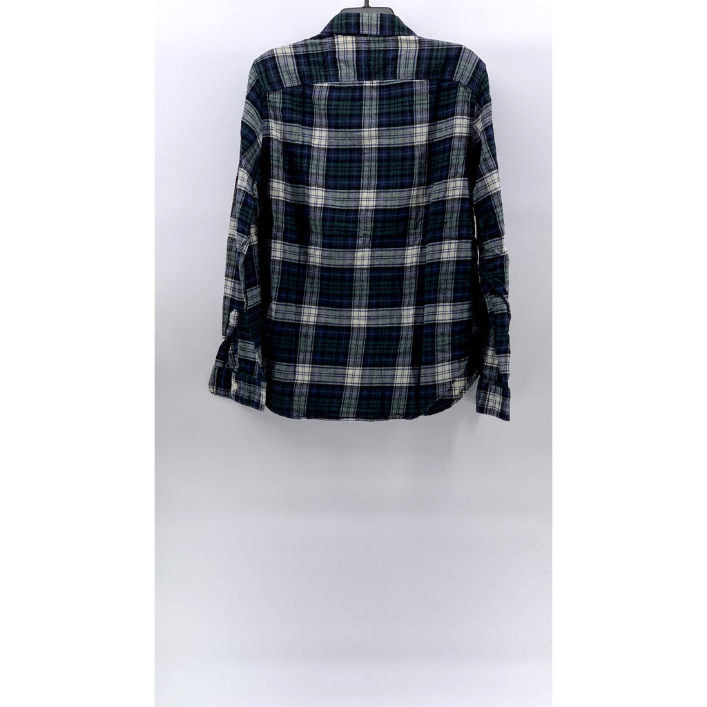 GAP Men's Blue-Green Plaid Button-Up Regular-Fit Long Sleeve Flannel Shirt SZ M
