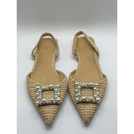 ZARA Women's beige Raffia Weave Pearl Embellished Slingback Sandals SZ 41(US10)