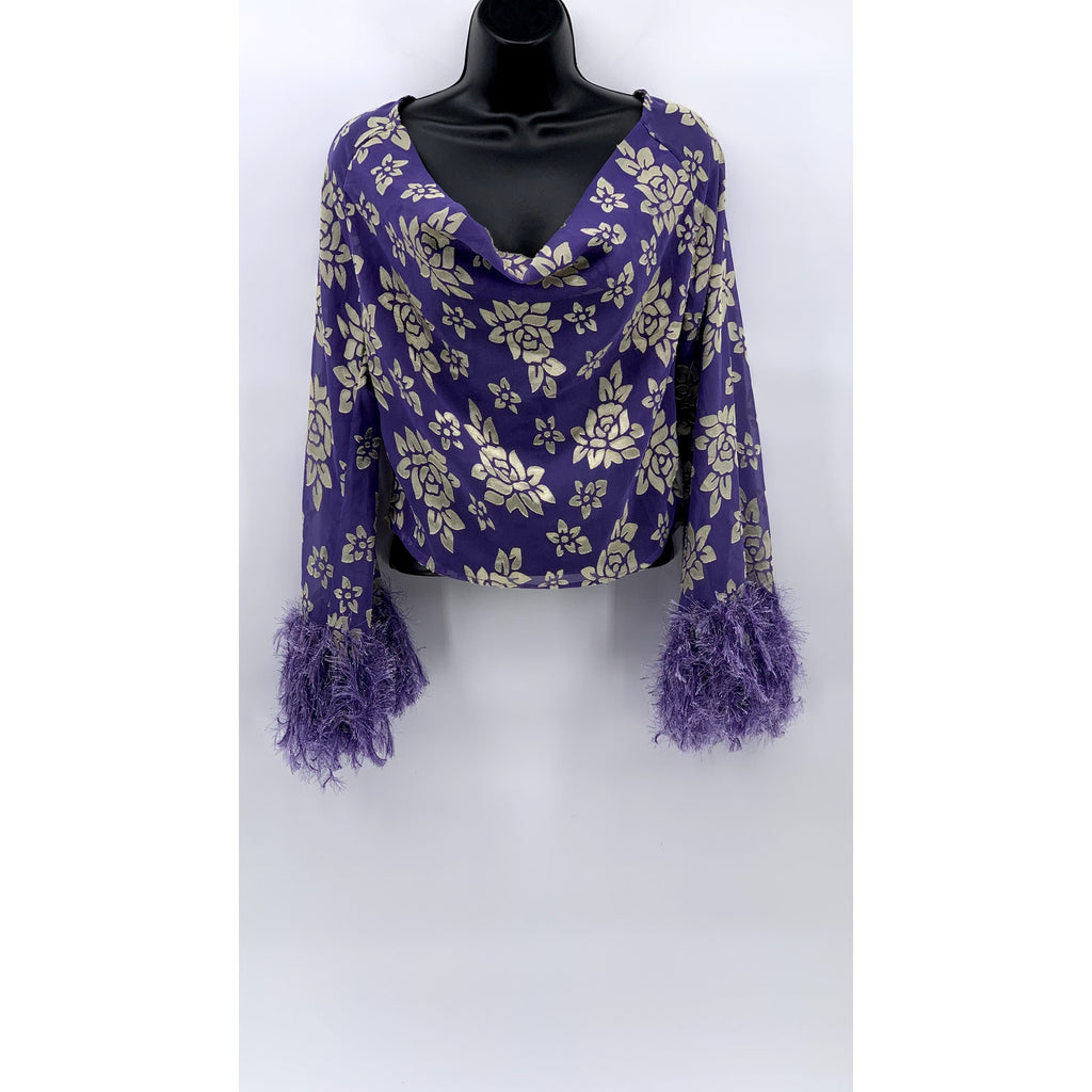 ASOS Women's Purple-Beige Floral Print Long Sleeve V-Neck Open Back Top SZ 4