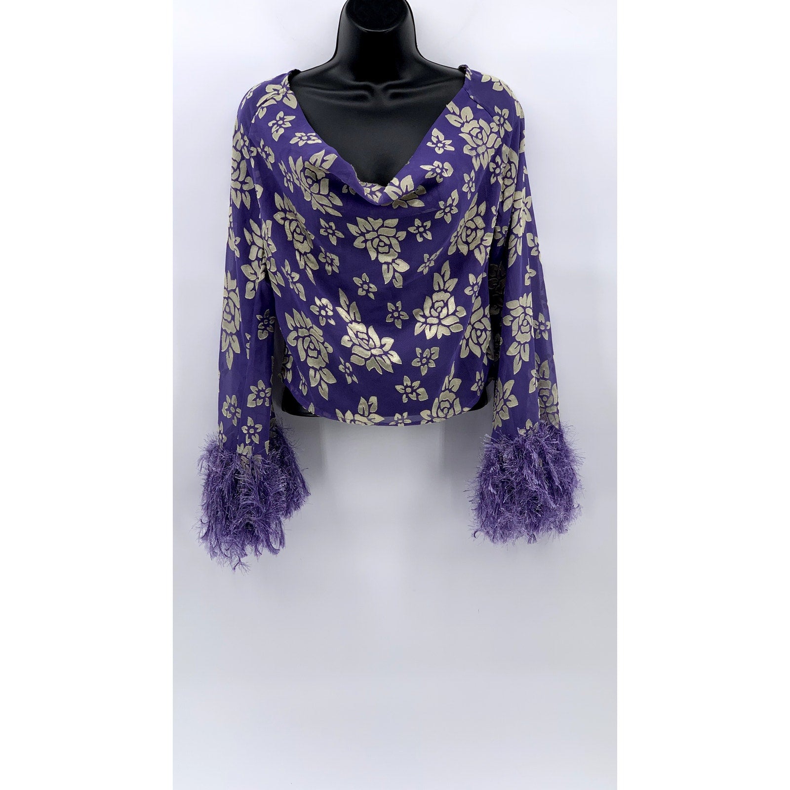 ASOS Women's Purple-Beige Floral Print Long Sleeve V-Neck Open Back Top SZ 4