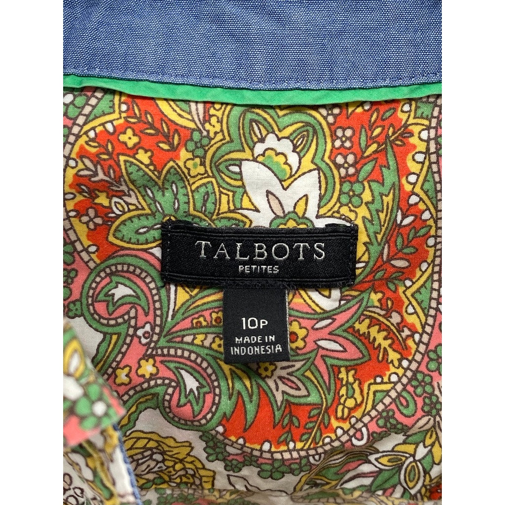 TALBOTS Women’s Petite Tan Multi Floral Print Button-Up Long Sleeve Top SZ 10P