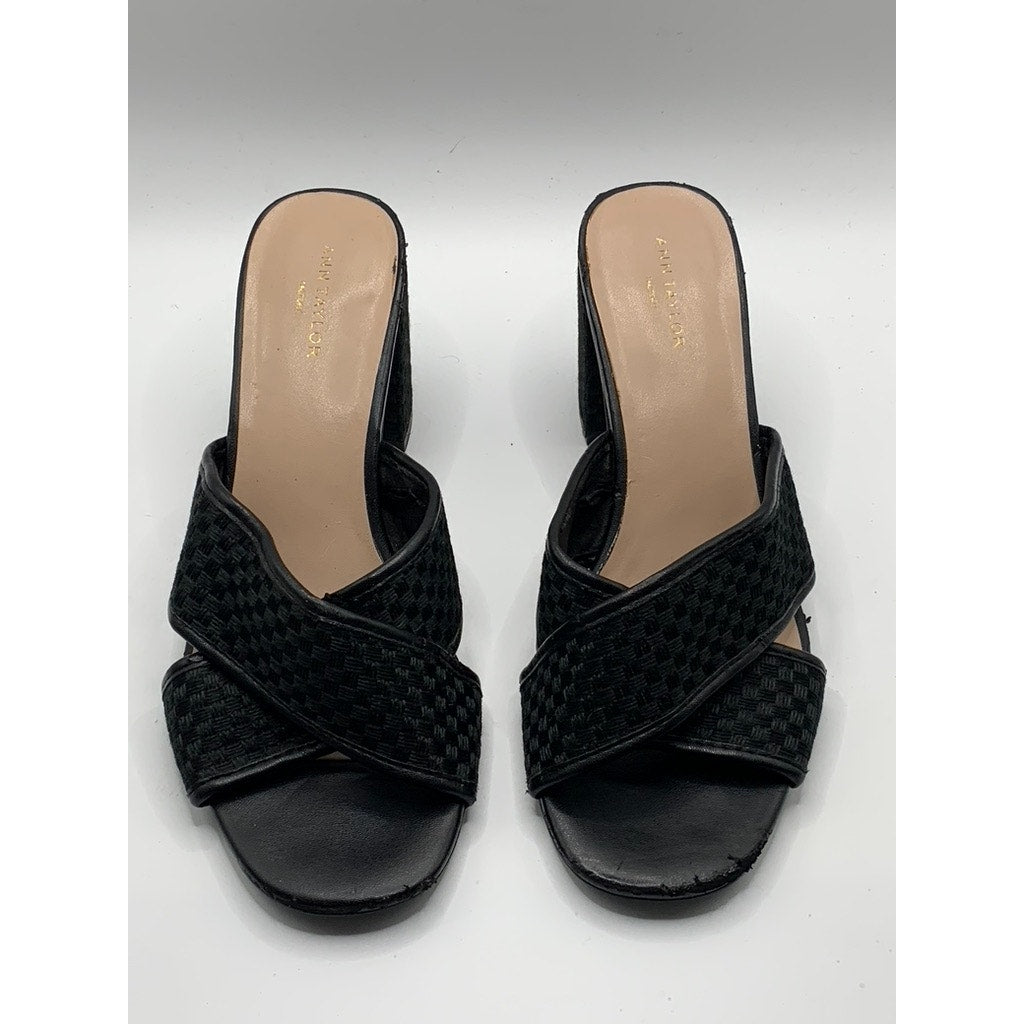 ANN TAYLOR Factory Women's Black Cross Strap Peep-Toe Block-Heel Sandals SZ 6