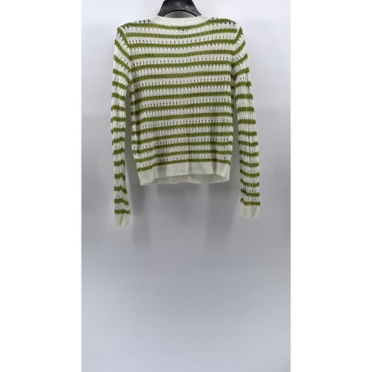 ANNA KAY Women's White-Green Knit Striped Button-Up Long Sleeve Cardigan SZ M