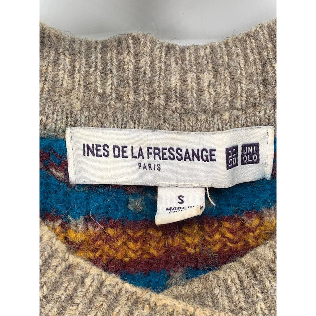 UNIQLO Ines De La Fressange Women's Beige-Blue Jacquard Button-Up Cardigan SZ S