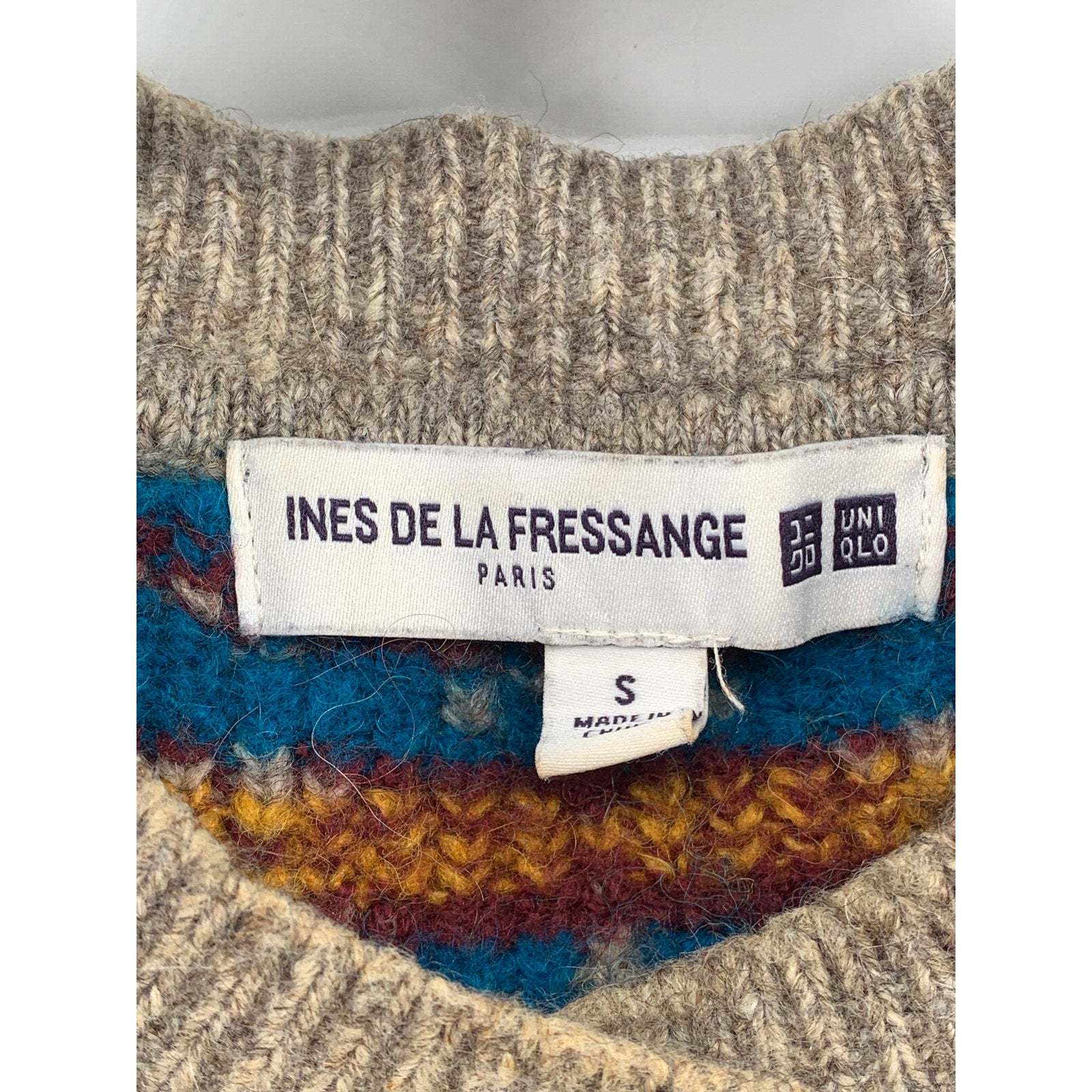 UNIQLO Ines De La Fressange Women's Beige-Blue Jacquard Button-Up Cardigan SZ S