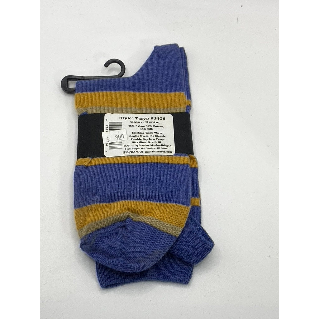 B.ELLA Women's Denim Blue-Gold Striped Knit Cotton-Blend Taryn Crew Socks SZ OS