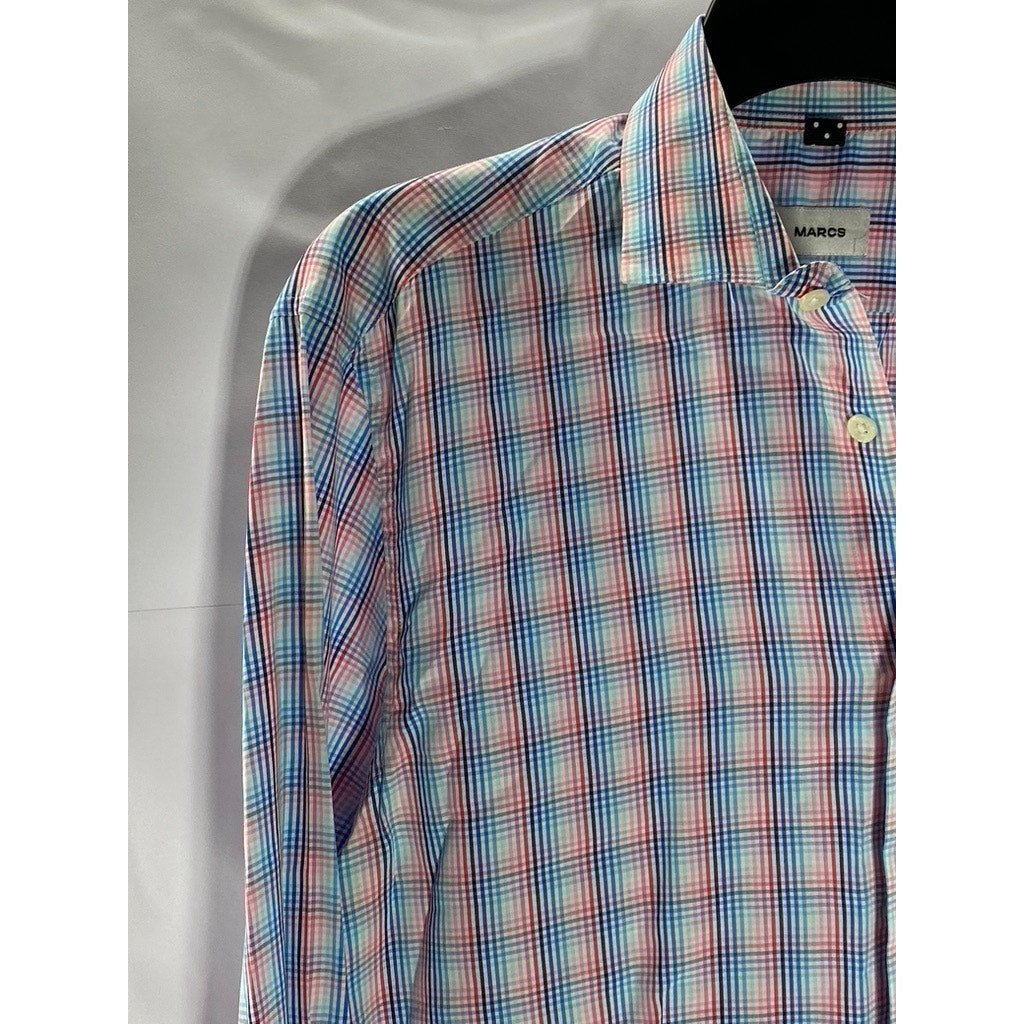 MARCS Men's Blue-Red Plaid Button-Up Regular-Fit Long Sleeve Shirt SZ M