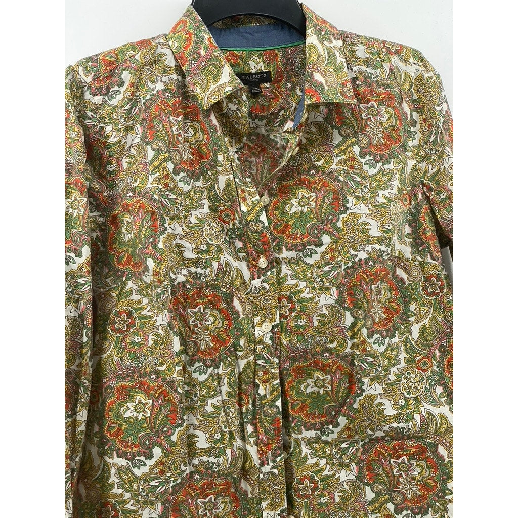 TALBOTS Women’s Petite Tan Multi Floral Print Button-Up Long Sleeve Top SZ 10P