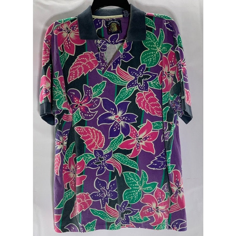 SALTY DOG Men's Vintage Purple/Pink/Green Floral Print Short Sleeve Polo SZ M