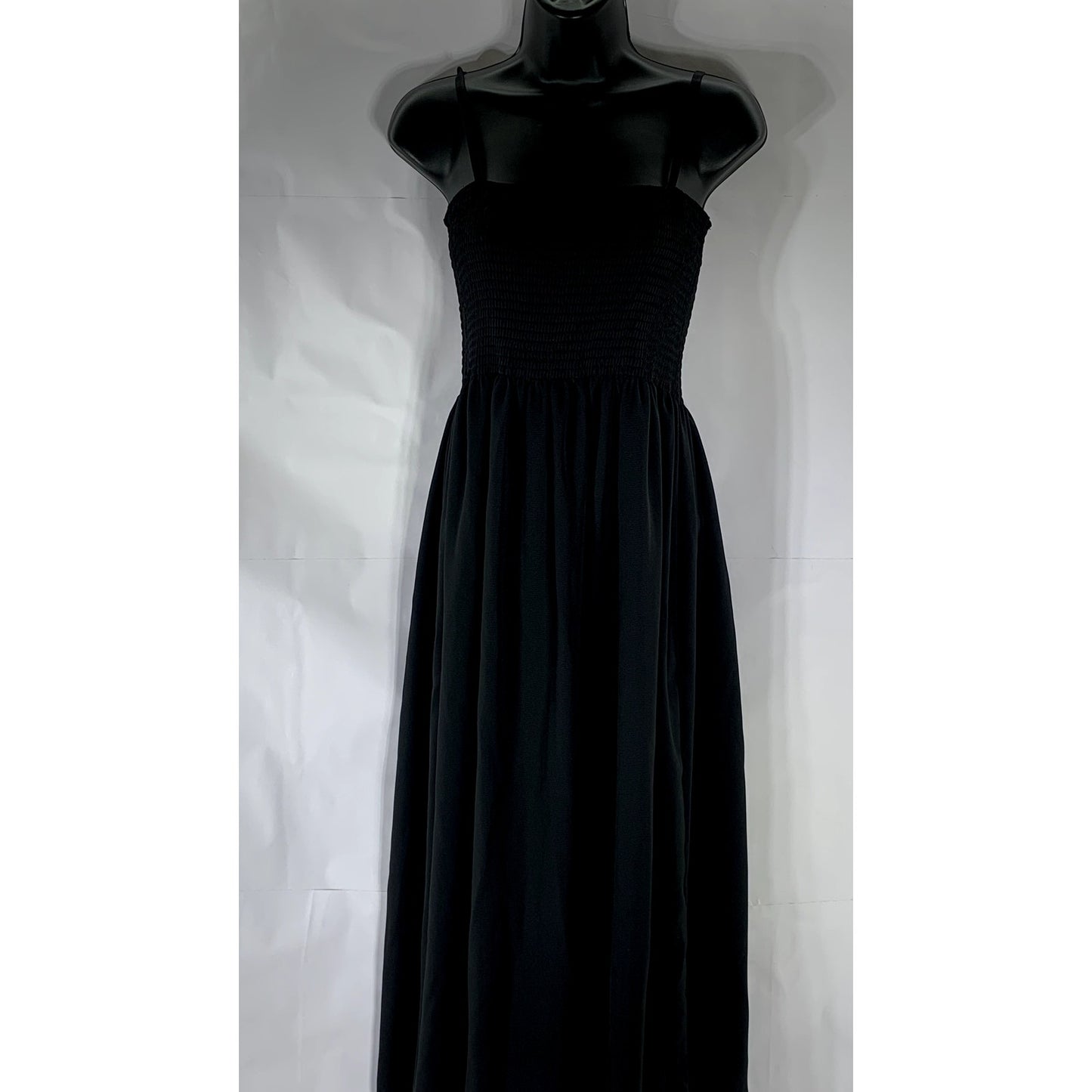 UNBRANDED Women’s Black Solid Smocked Adjustable Strap Midi A-Line Dress SZ XL