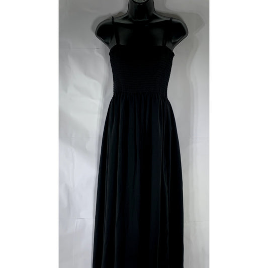 UNBRANDED Women’s Black Solid Smocked Adjustable Strap Midi A-Line Dress SZ XL