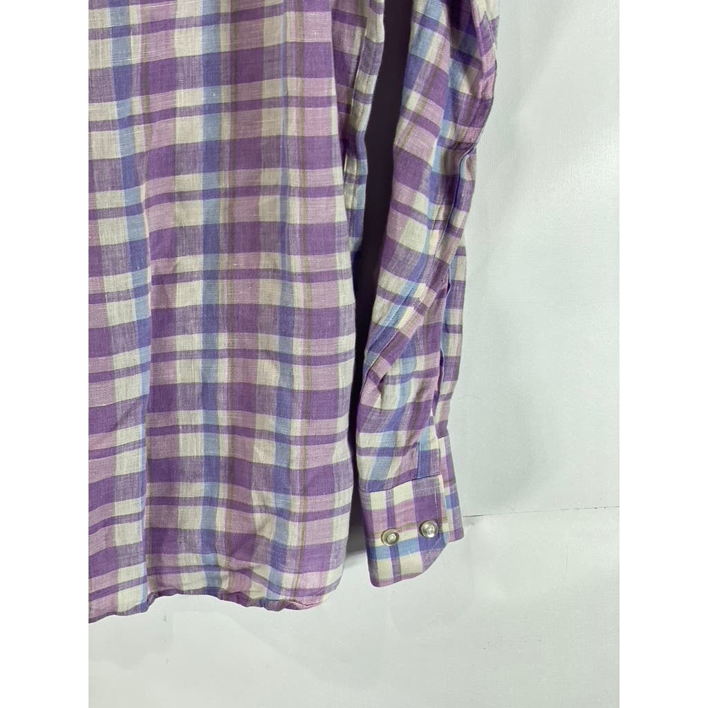 SAKS FIFTH AVENUE Men's Purple/Blue Plaid Linen Button-Up Long Sleeve Shirt SZ M