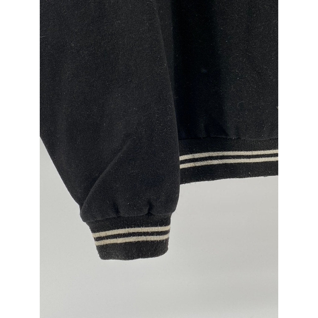 DURKL Men's Vintage Black-White Button-Up Striped-Trim Varsity Jacket SZ M