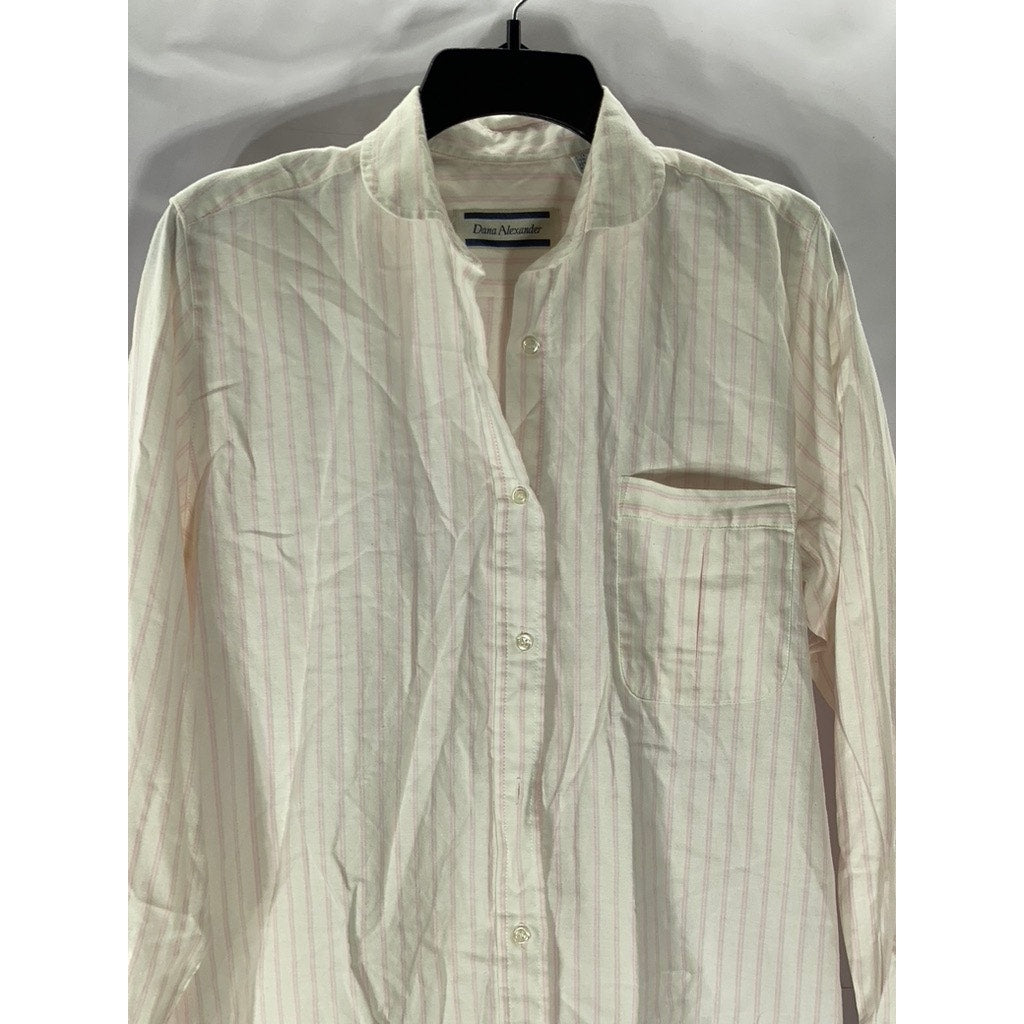 DANA ALEXANDER Women’s Vintage White-Pink Striped Button-Up Regular-Fit Top SZ 8