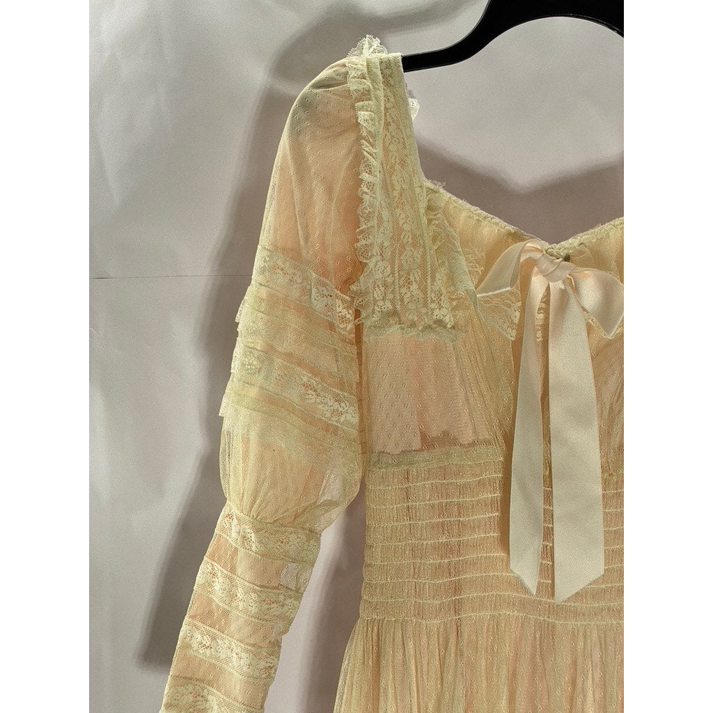 SWEET PICKINS Women's Beige Lace Boho "Vintage" Long Sleeve Prairie Dress SZ 0