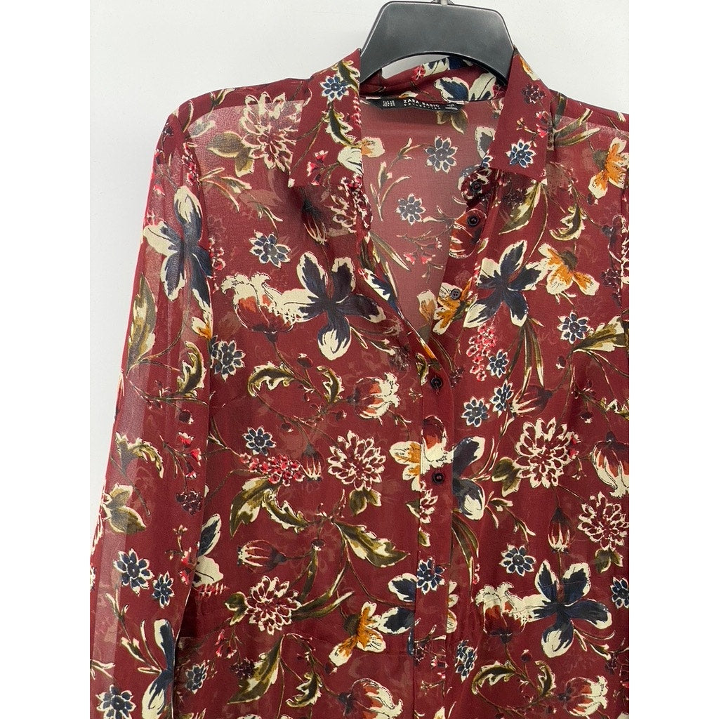 ZARA BASIC Women's Burgundy Floral Long Sleeve Button-Up Side-Slit Duster SZ XS