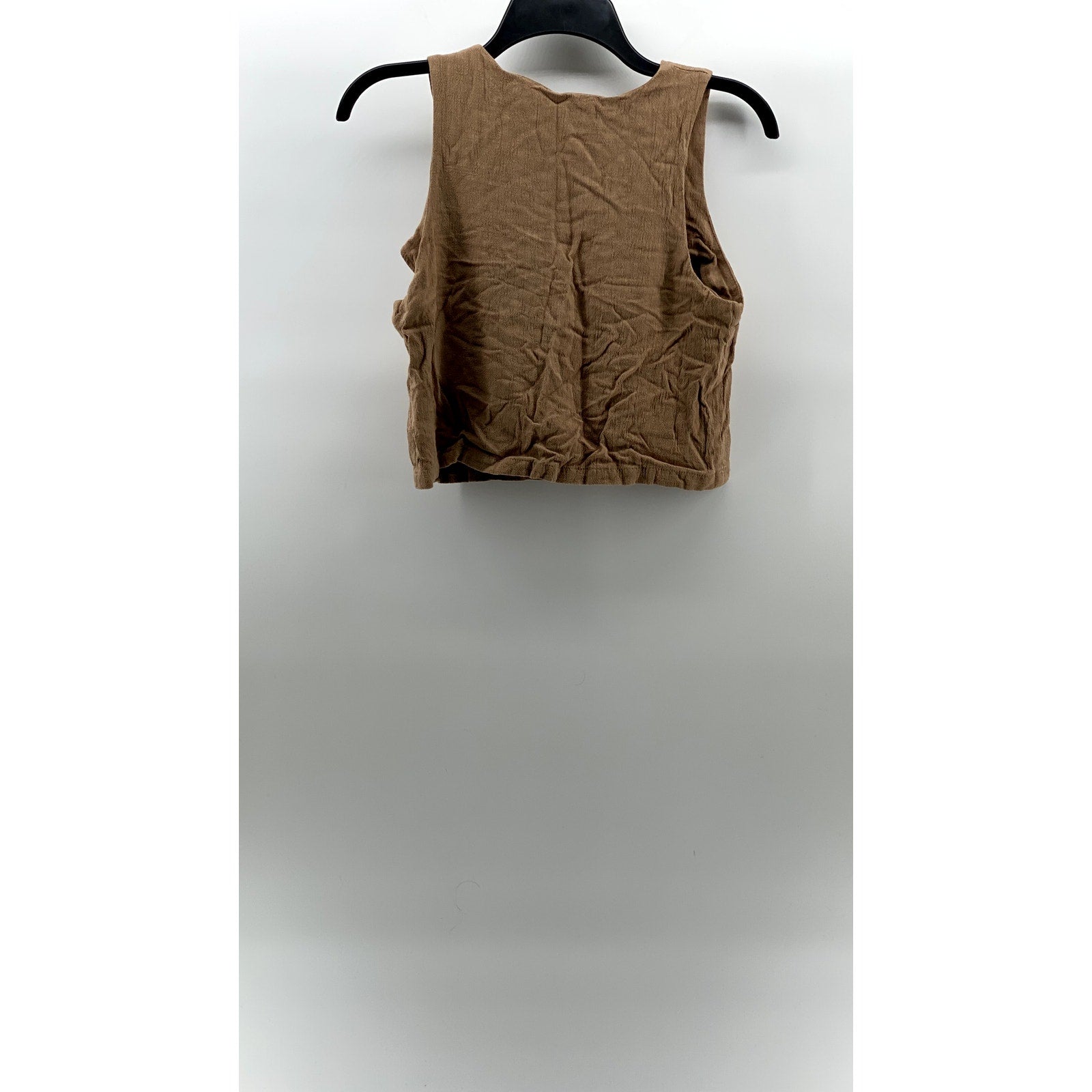 AUTOMET Women's Tan Linen-Blend Textured Straight-Neck Cropped Tank Top SZ S