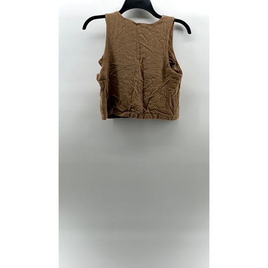 AUTOMET Women's Tan Linen-Blend Textured Straight-Neck Cropped Tank Top SZ S