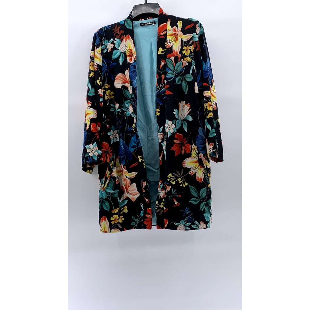 ZARA TRF OUTERWEAR Women’s Black-Multi Floral Open-Front Long Blazer SZ S