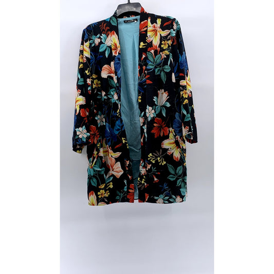 ZARA TRF OUTERWEAR Women’s Black-Multi Floral Open-Front Long Blazer SZ S