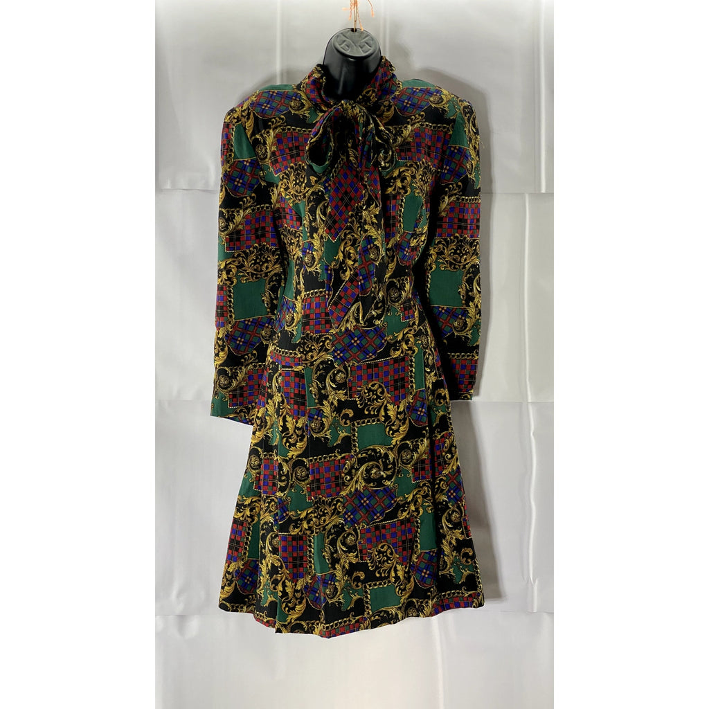 Women's Green/Tan Printed Wool Tie-Neck Long-Sleeve Fit & Flare Dress SZ M