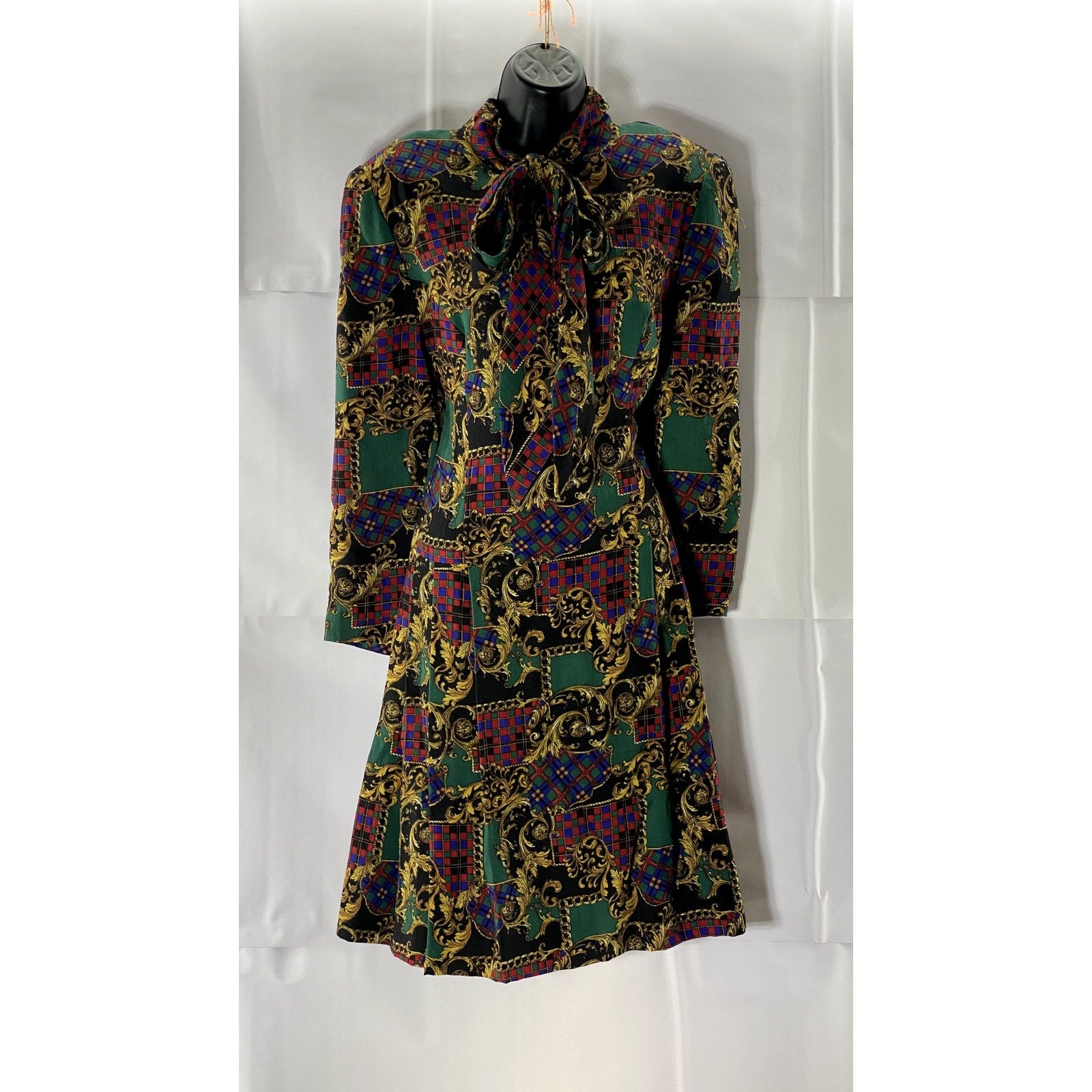 Women's Green/Tan Printed Wool Tie-Neck Long-Sleeve Fit & Flare Dress SZ M