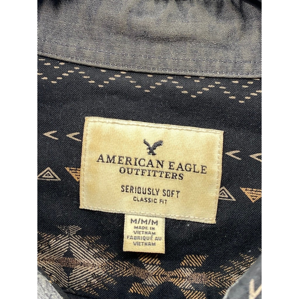 AMERICAN EAGLE Men's Black-Beige Printed Classic-Fit Button-Up Shirt SZ M