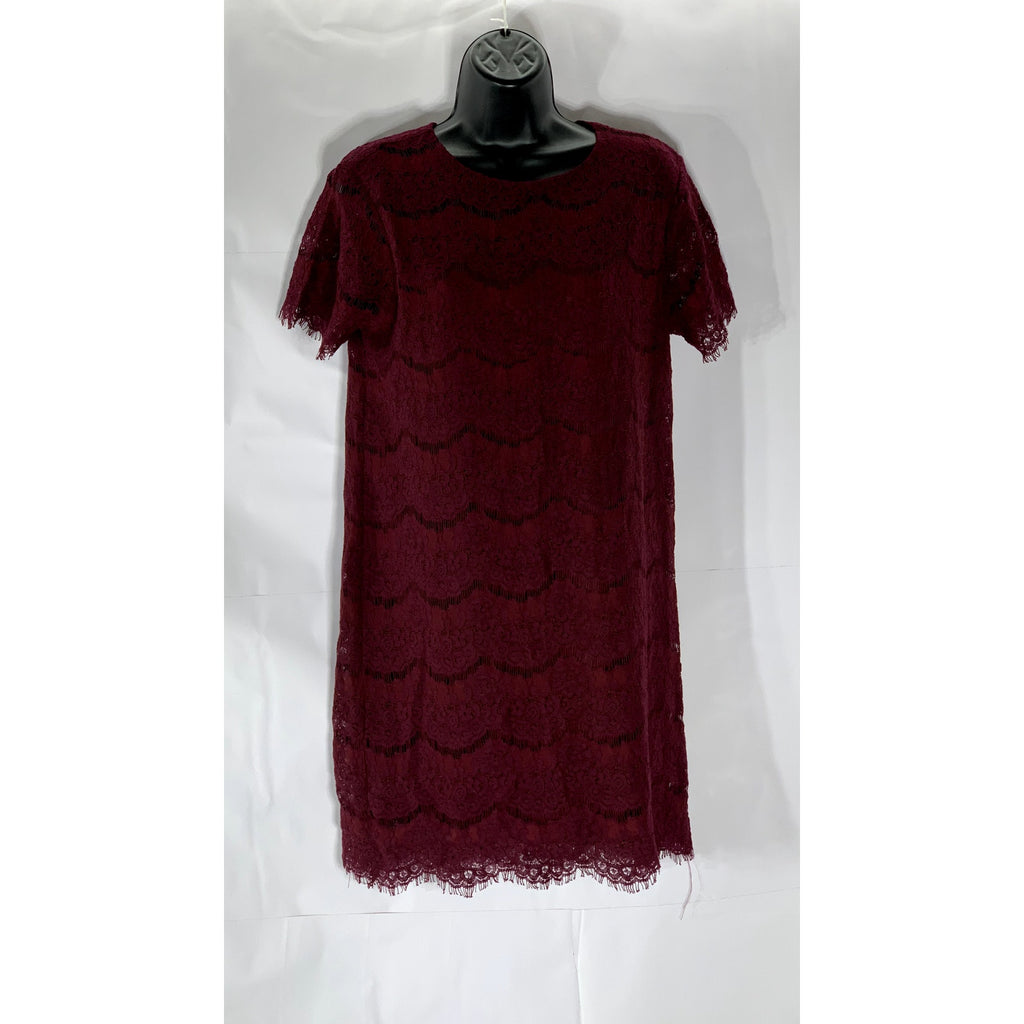 LULUS Women’s Burgundy Crewneck Take Me To Lunch Lace Short Sleeve Dress SZ S