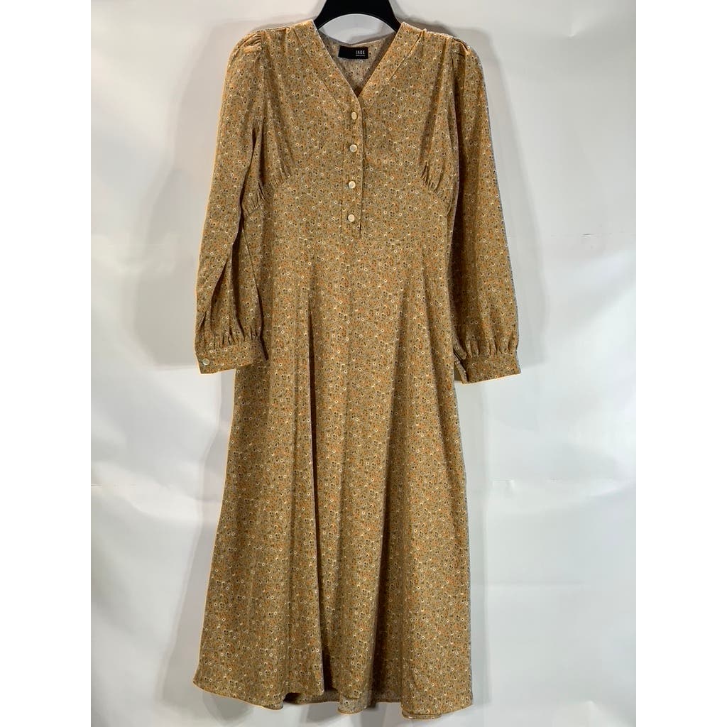 JADE Women's Floral Brown Vintage Inspired Long Sleeve Secretary Dress SZ M