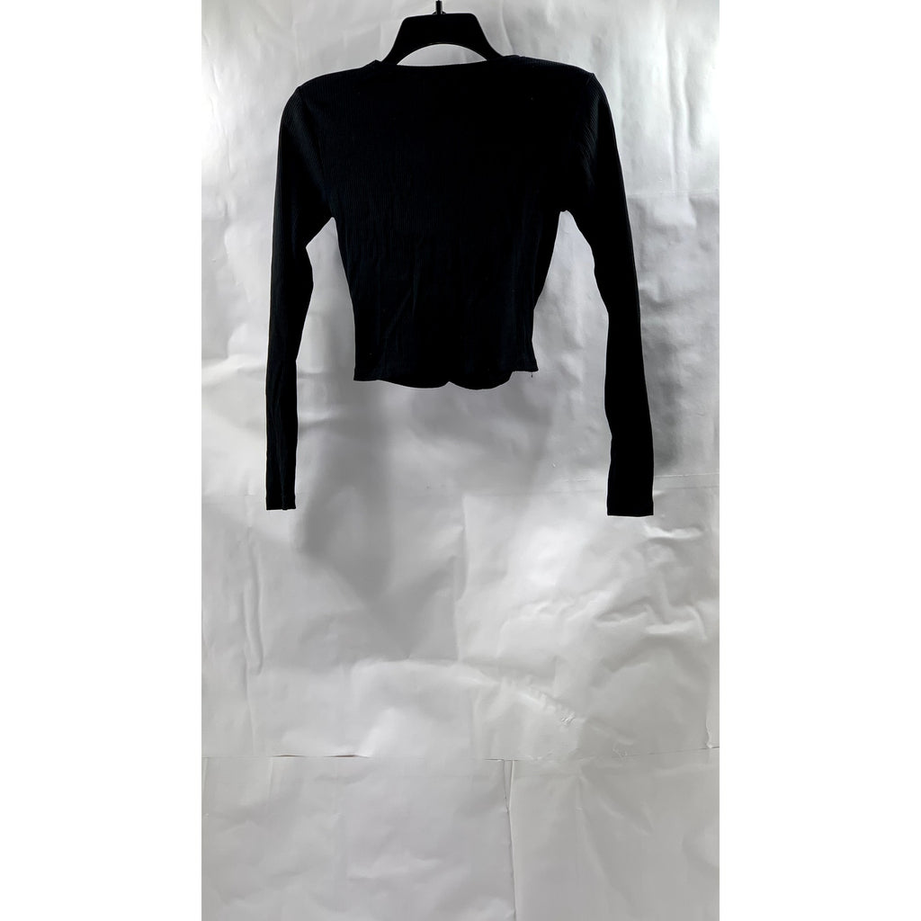 ZARA Women's Black Rib Knit Crewneck twist-Front Long Sleeve Cropped Top SZ S