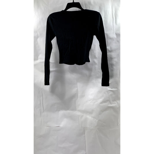 ZARA Women's Black Rib Knit Crewneck twist-Front Long Sleeve Cropped Top SZ S