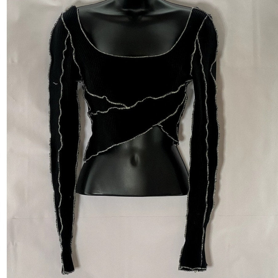 OR CLOTHING Women's Black/White Waffle Knit Overstitch Asymmetrical Top SZ S