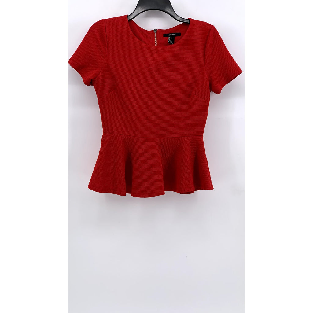 FOREVER 21 Women's Red Crewneck Short Sleeve Ruffle-Hem Top SZ M
