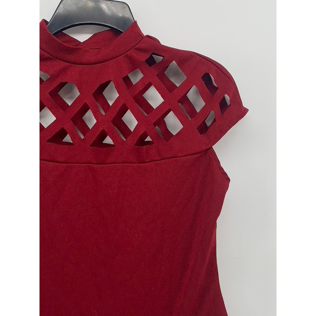 UNBRANDED Women's Burgundy Cutout Mock-Neck Cap Sleeve Bodysuit SZ XL